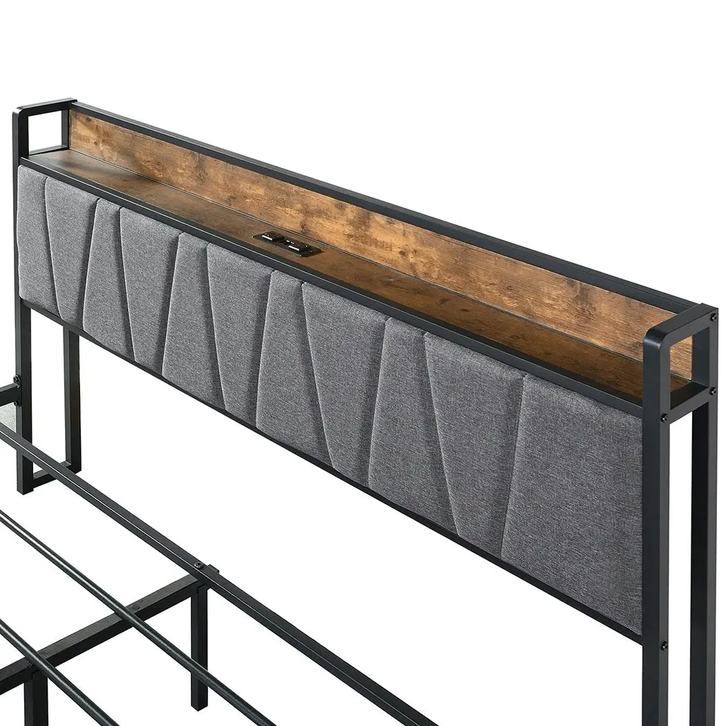 Levede Queen Bed Frame Industrial Tufted Soft Storage Drawers Headboard USB Charge