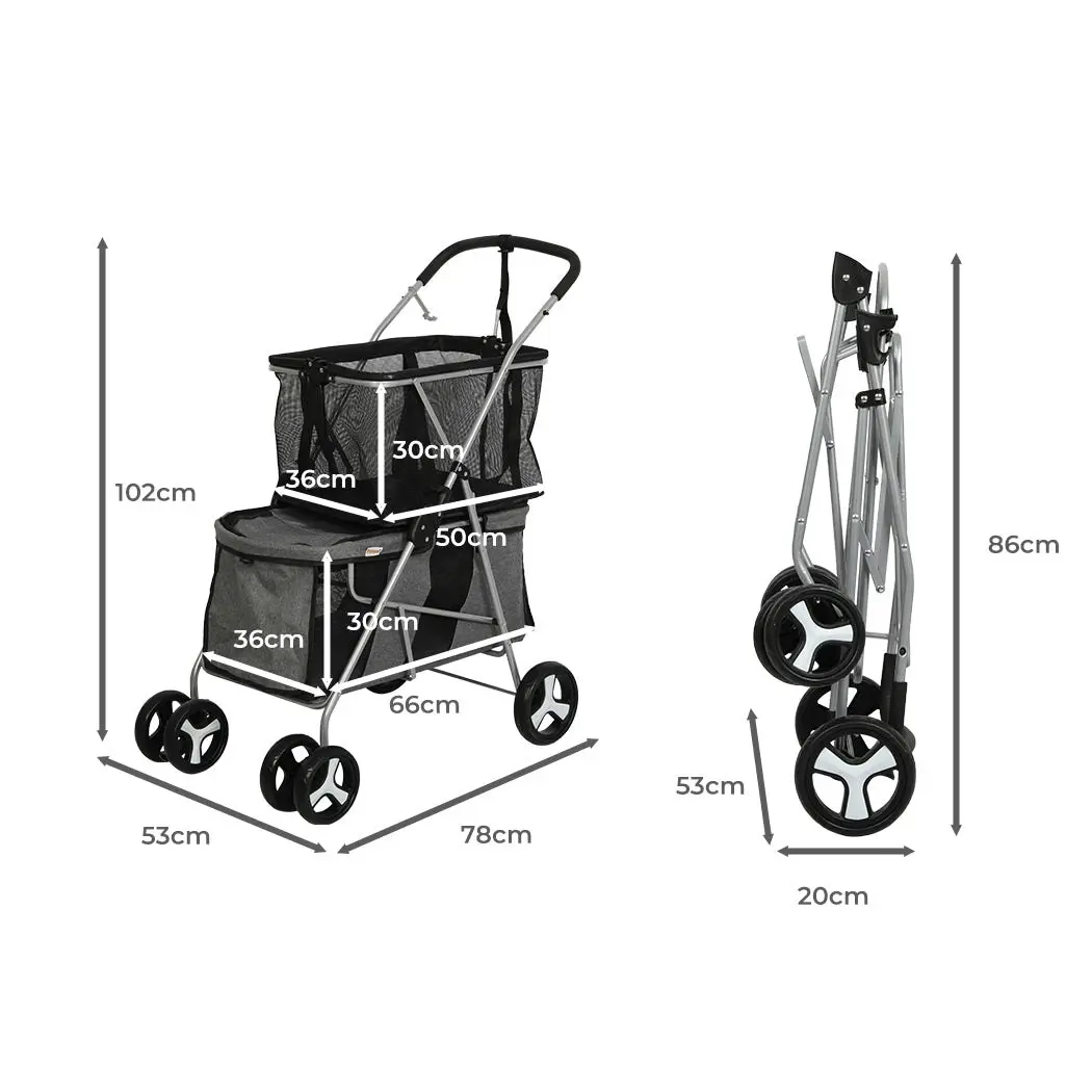 Pawz Pet Stroller 2-Tier Pram Dog Cat Carrier Foldable Large 4 Wheels Shopping