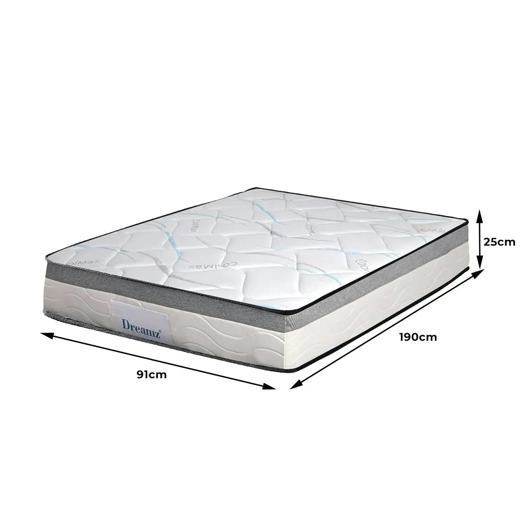 Dreamz Spring Mattress Bed Pocket Tight Top Foam Medium Firm Single Size 25CM