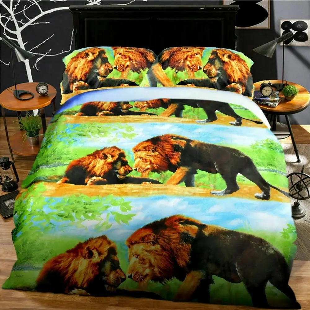 3D Bed Quilt Cover With Pillowcase Lion Pattern Double Size