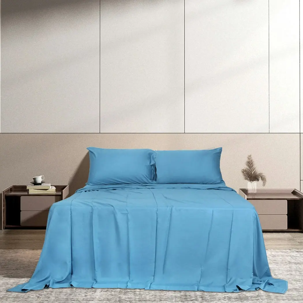 Dreamz Bamboo Sheet Set Fitted Pillowcase Double Size Blue 4PCS Set