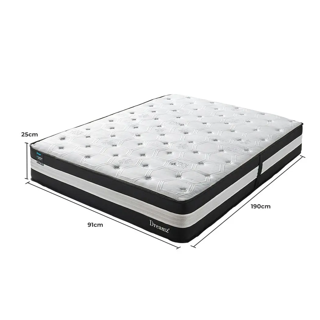 Dreamz Single Cooling Mattress Pocket Spring Euro Top Bed Foam 5 Zone 25cm