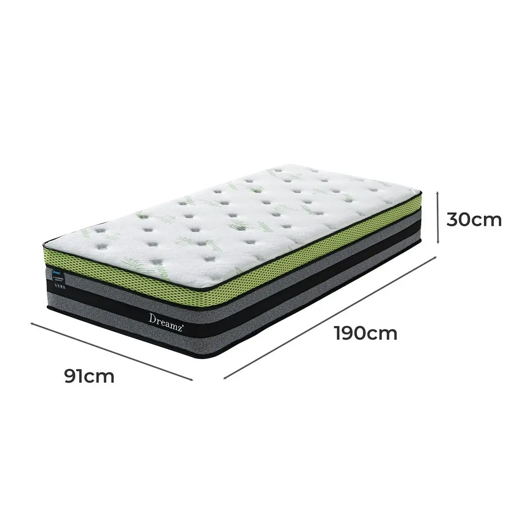 Dreamz Single Cooling Mattress Pocket Spring Euro Top Bed Foam 7 Zone 30cm