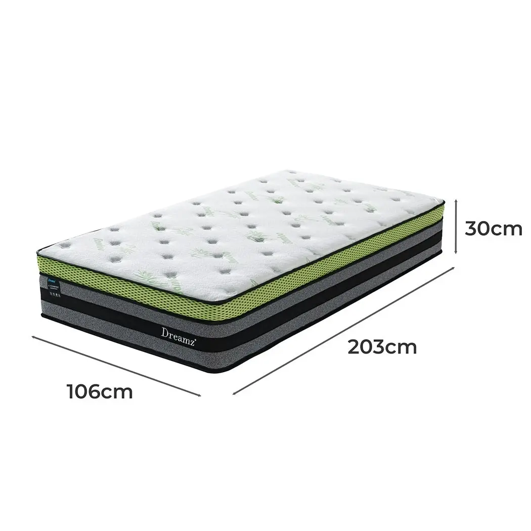 Dreamz Kingsingle Cooling Mattress Pocket Spring Euro Top Bed Foam 7 Zone 30cm