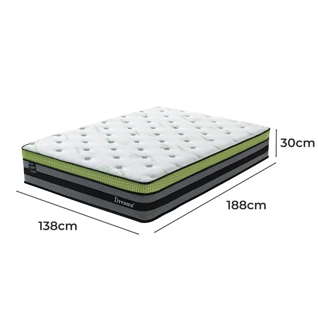 Dreamz Double Cooling Mattress Pocket Spring Euro Top Bed Foam 7 Zone 30cm