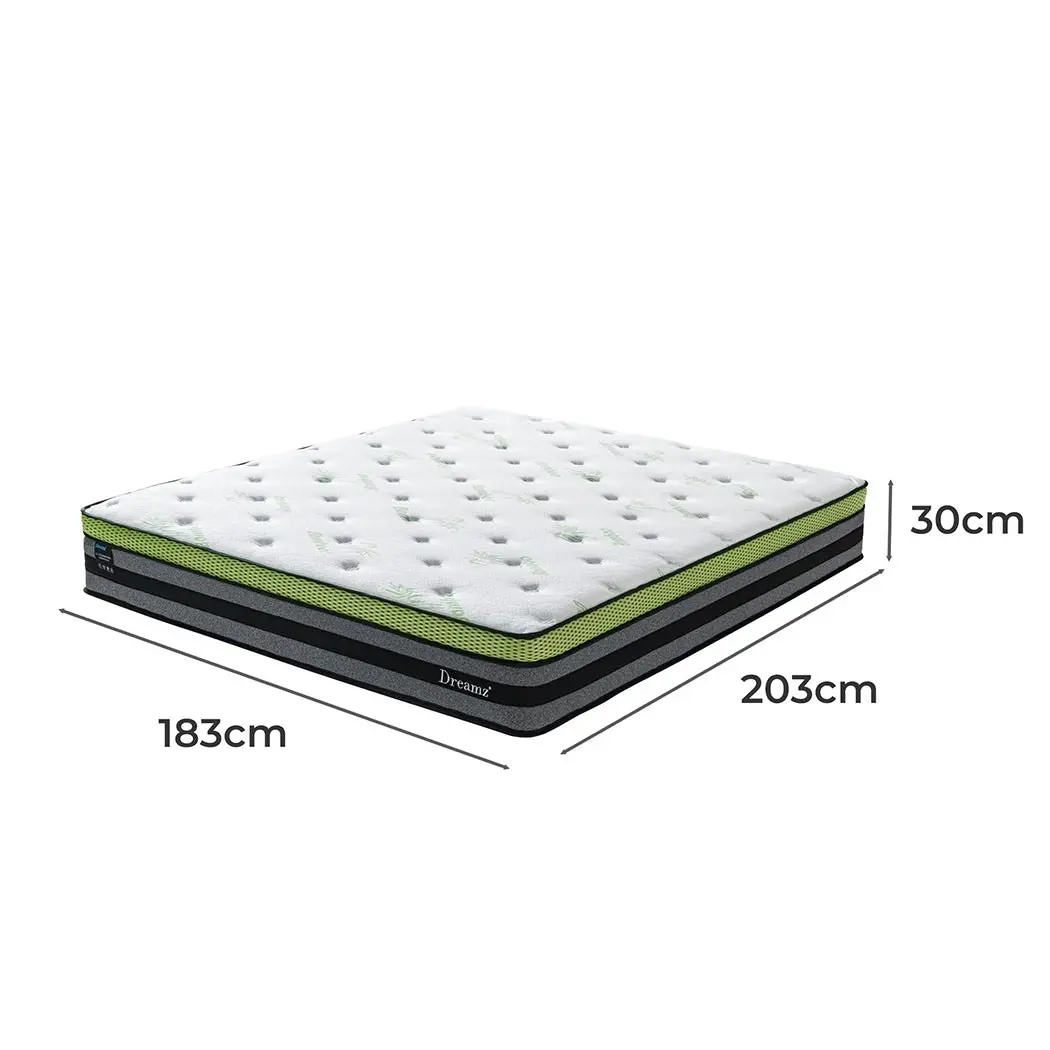 Dreamz King Cooling Mattress Pocket Spring Euro Top Bed Foam 7 Zone 30cm