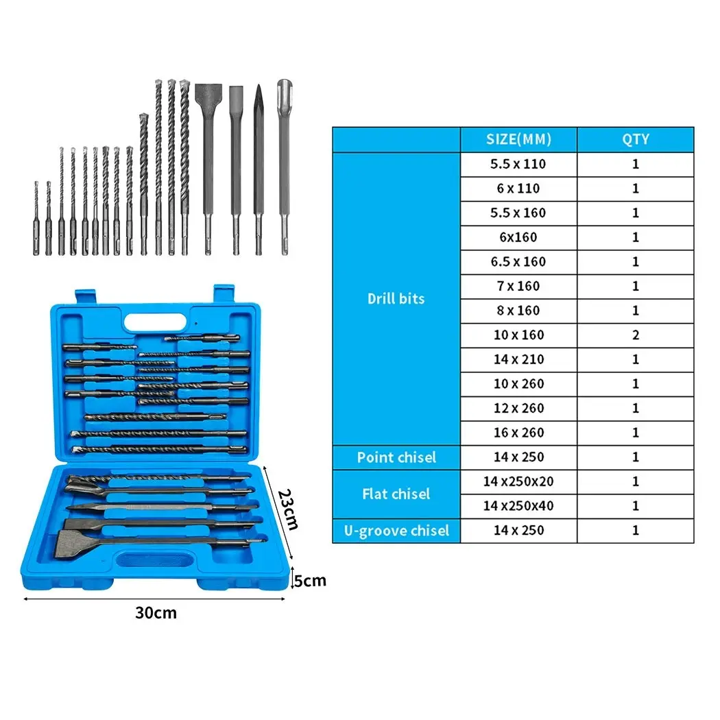 Traderight Drill Bits Set Chisel SDS Plus Rotary Hammer Masonry Concrete 17PCS