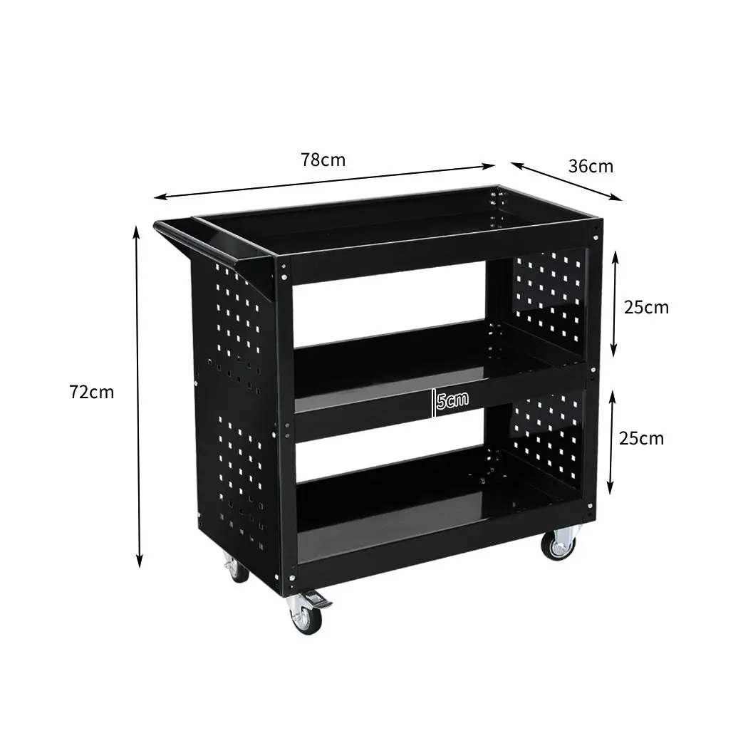 Traderight Tool Trolley Cart 3Tier Toolbox Workshop Garage Organizer 150kg Black