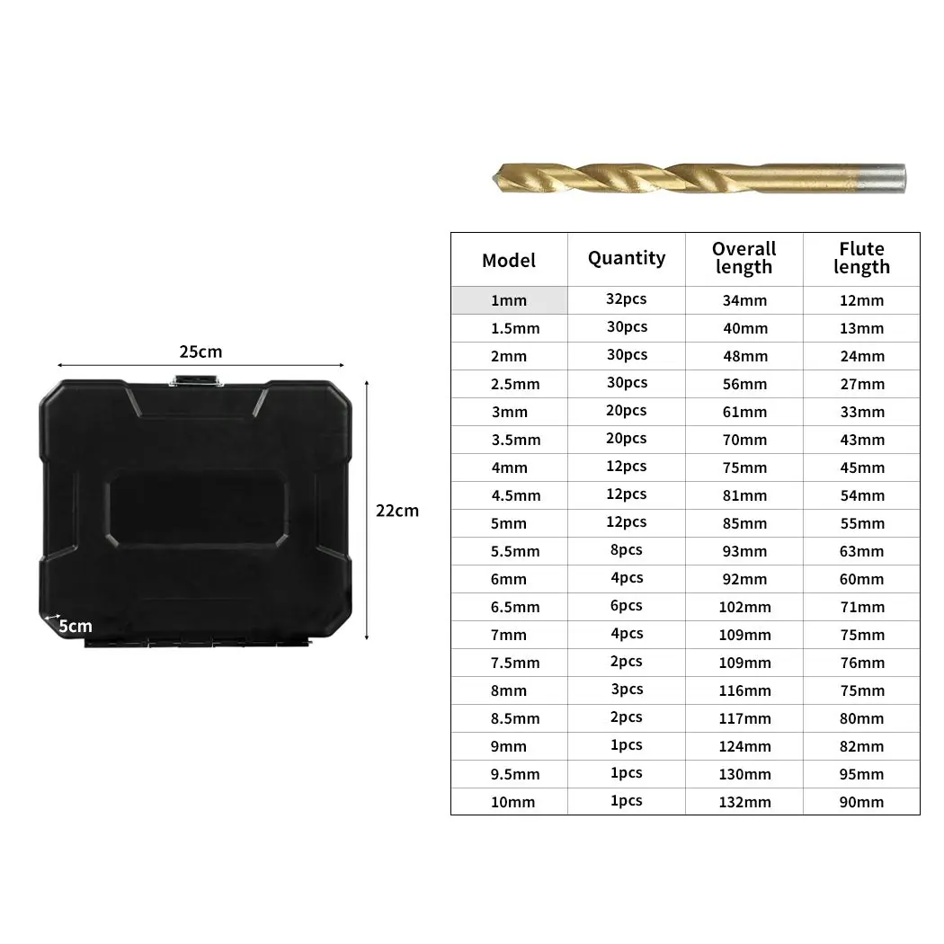 Traderight Drill Bits Set HSS 1mm-10mm Titanium Coated Metal Wood Plastic 230PCS