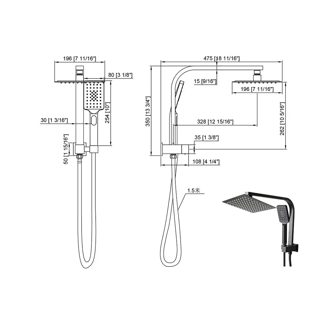 Traderight Group  Shower Head High Pressure Set Rain Square Brass Taps Mixer Handheld WELS Black