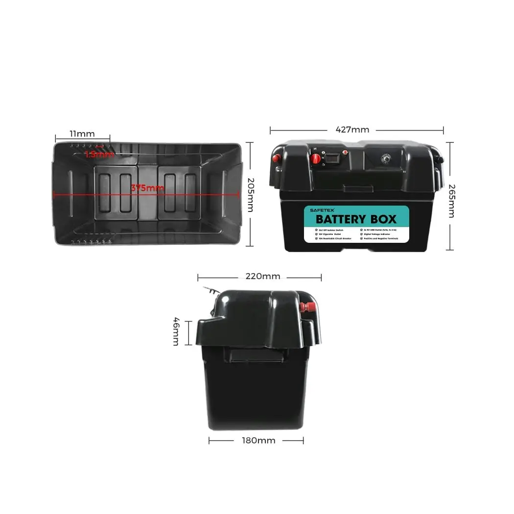 Safetex 12V AGM Battery Box USB Port Solar Caravan Camping 4WD Off-grid Charge