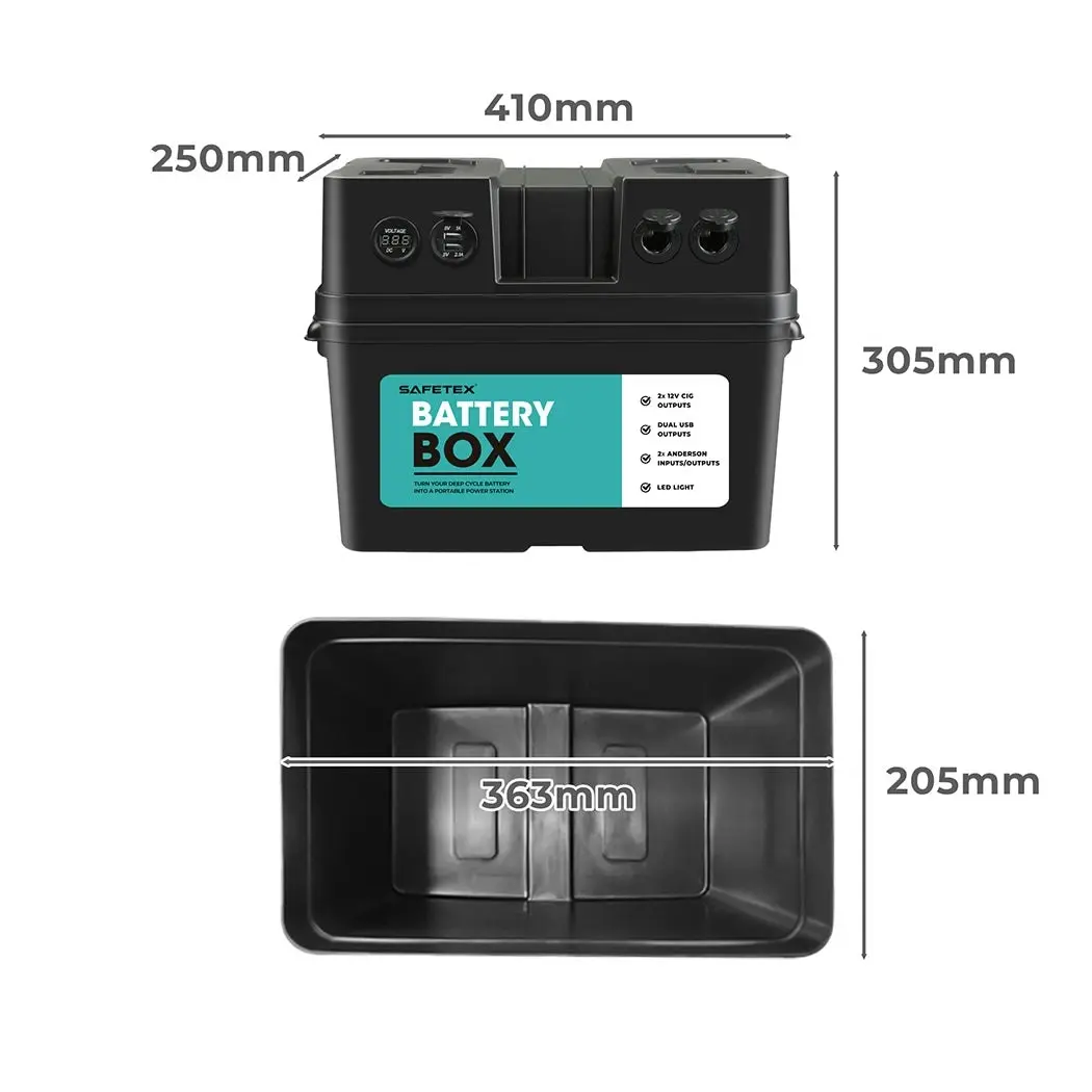 Safetex 12V AGM Battery Box Anderson Plug Dual USB LED Light Caravan Camping