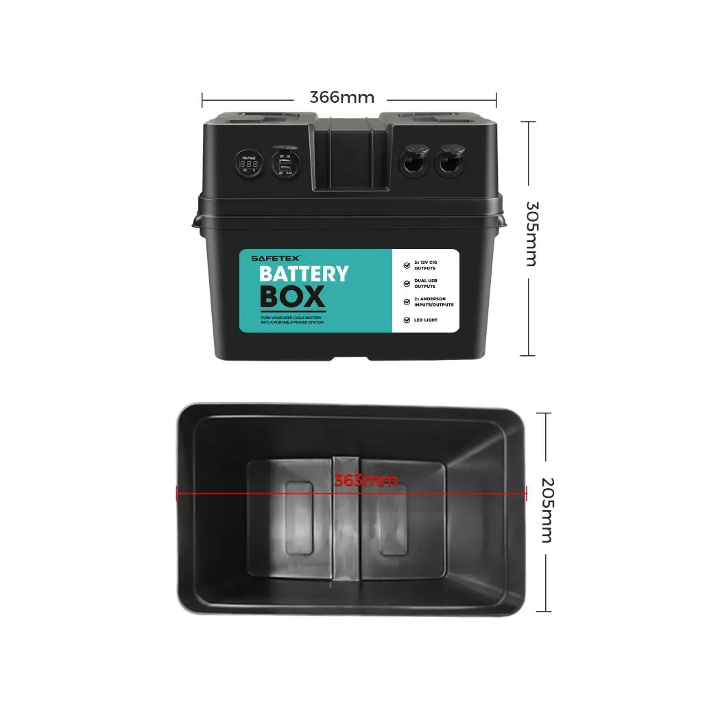 Safetex 12V AGM Battery Box Anderson Plug Dual USB LED Light Caravan Camping