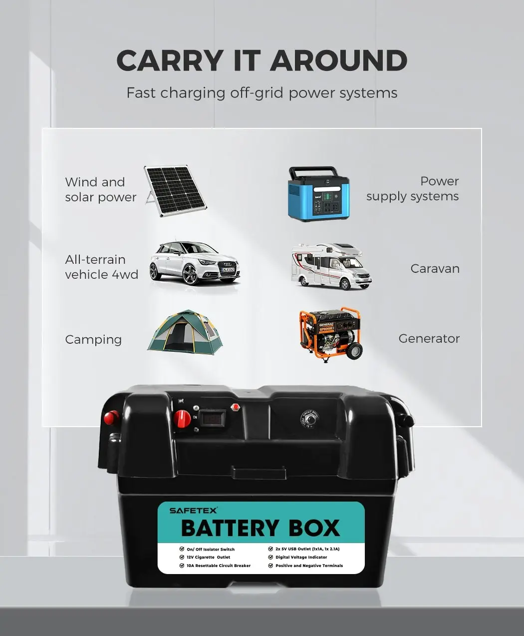 12V 170Ah AGM Battery Deep Cycle with Battery Box Dual USB Caravan Camping Solar