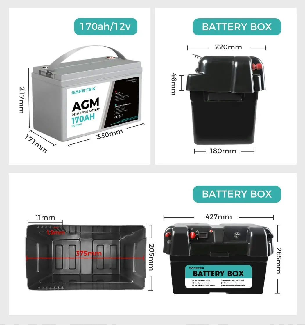 12V 170Ah AGM Battery Deep Cycle with Battery Box Dual USB Caravan Camping Solar