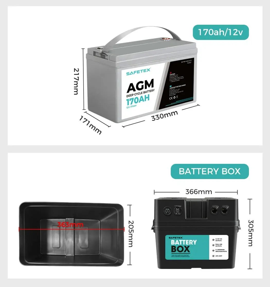 AGM Battery Deep Cycle 170Ah with 12V Battery Box Anderson Plug USB LED Light