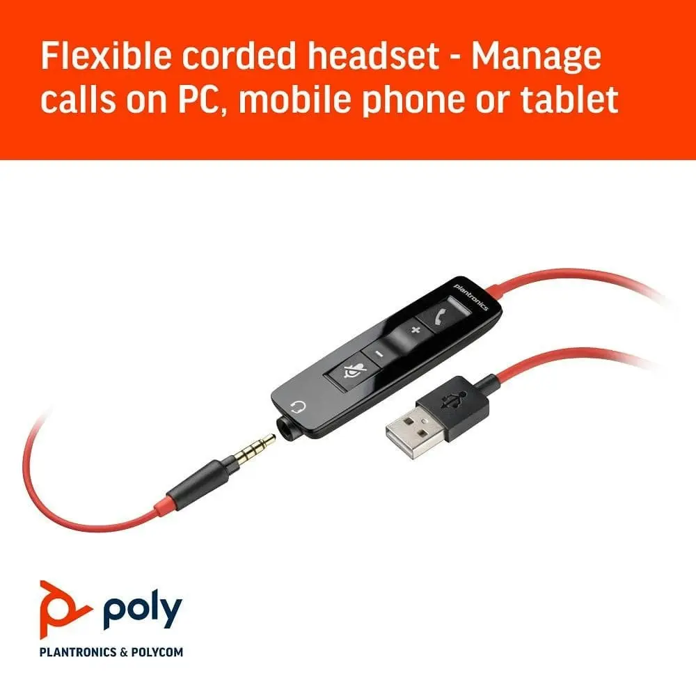 Poly BLACKWIRE C5210 Corded USB-A 3.5mm Audio PC Mac Mono Headset