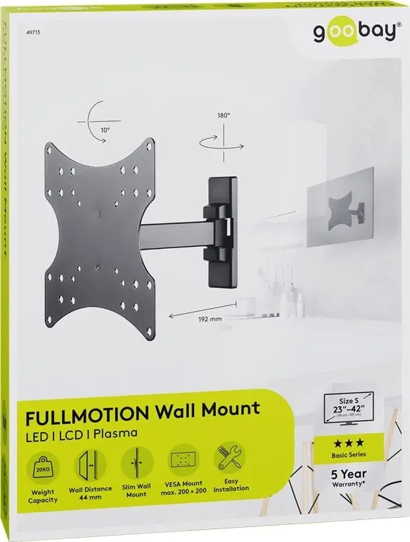 Goobay - TV Wall Mount with Basic Fullmotion- Fully Moveable, Swivel, Adjustable Single-Arm (23-42")