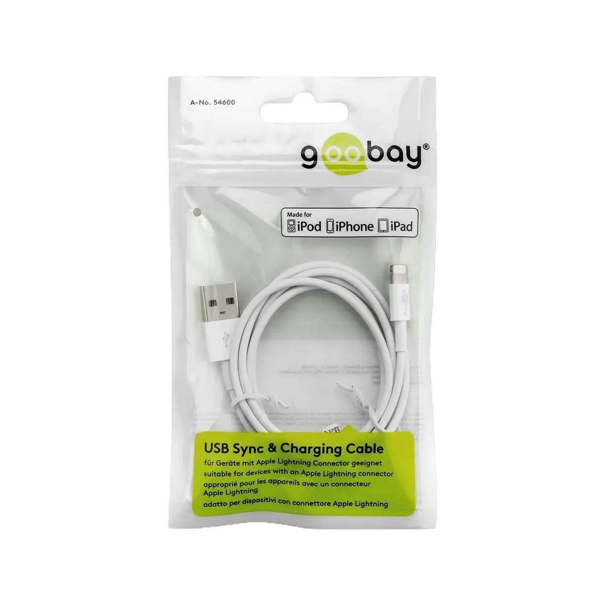 Goobay USB-A to Lightning Charging and Sync Cable 1m for iPhone/iPad/iPod/AirPod - White