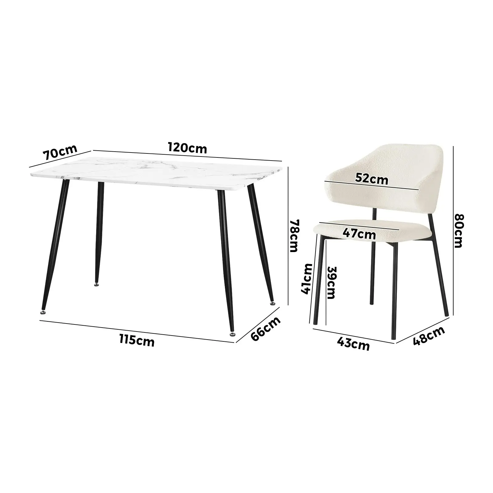 Oikiture 5PCS Dining sets 120cm Rectangle Table with Chairs Sherpa-White