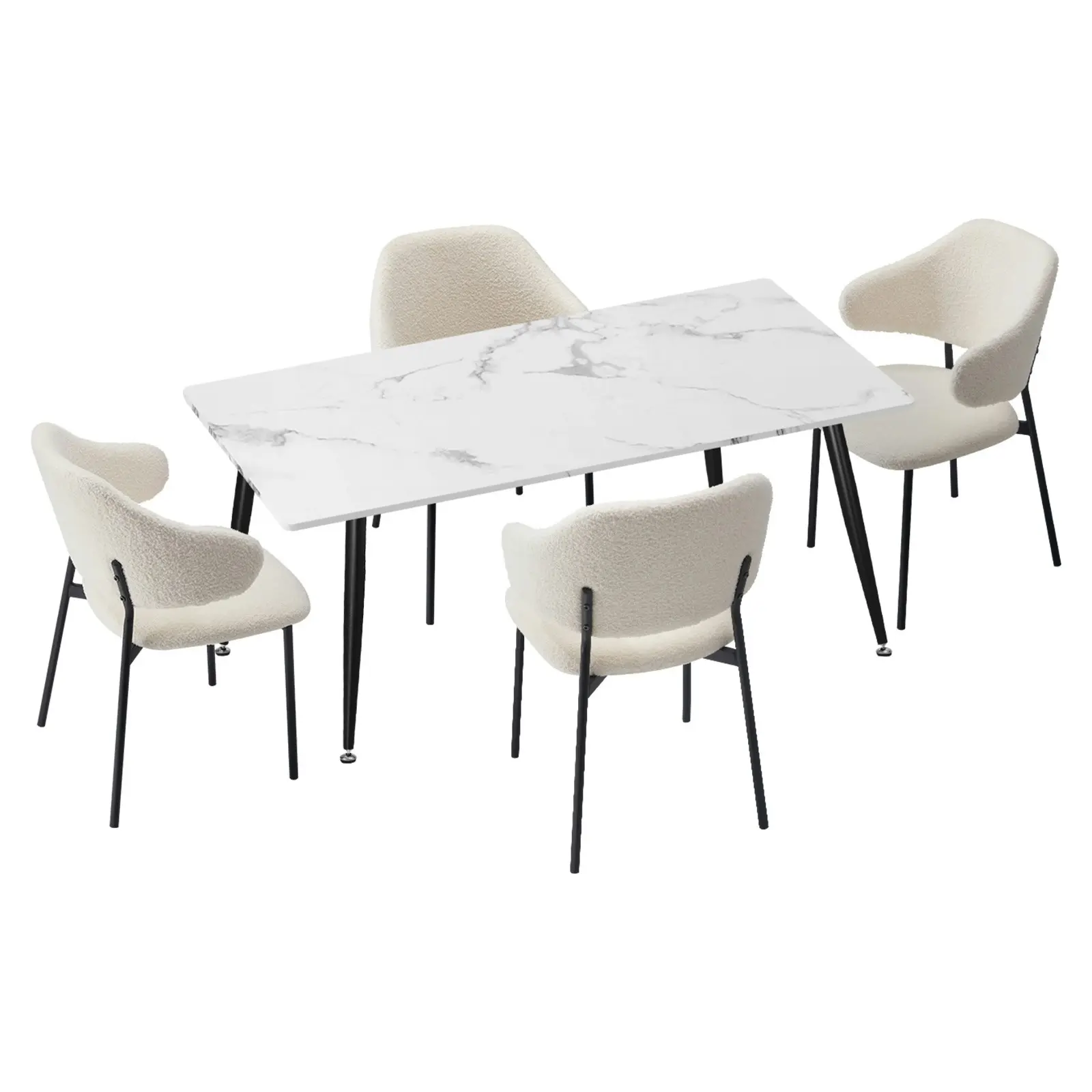 Oikiture 5PCS Dining sets 120cm Rectangle Table with Chairs Sherpa-White