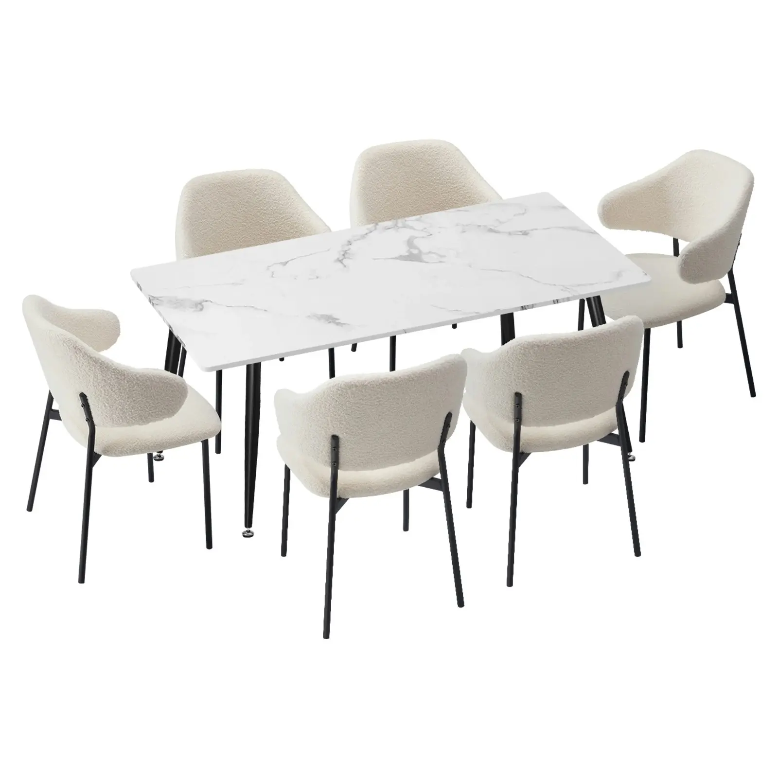 Oikiture 7PCS Dining sets 120cm Rectangle Table with Chairs Sherpa-White