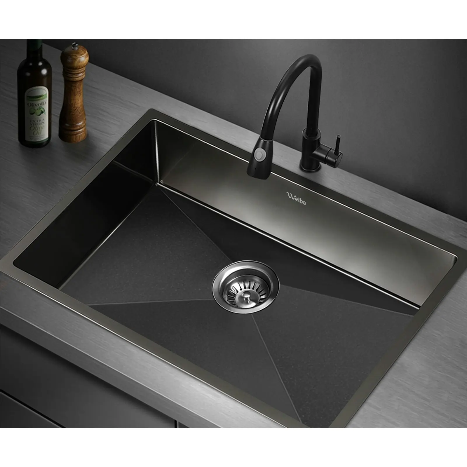 Welba Kitchen Sink 70X45CM Stainless Steel Single Bowl Basin With Waste Black