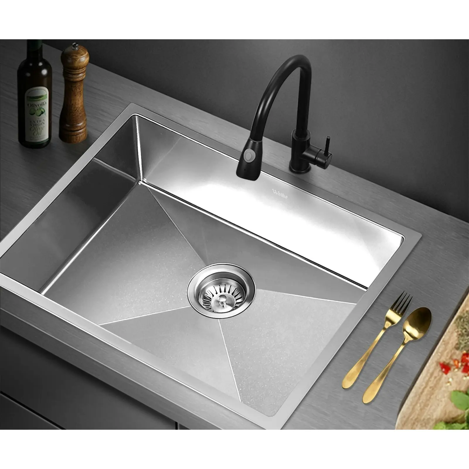 Welba Kitchen Sink 60X45CM Stainless Steel Single Bowl Basin With Waste Silver