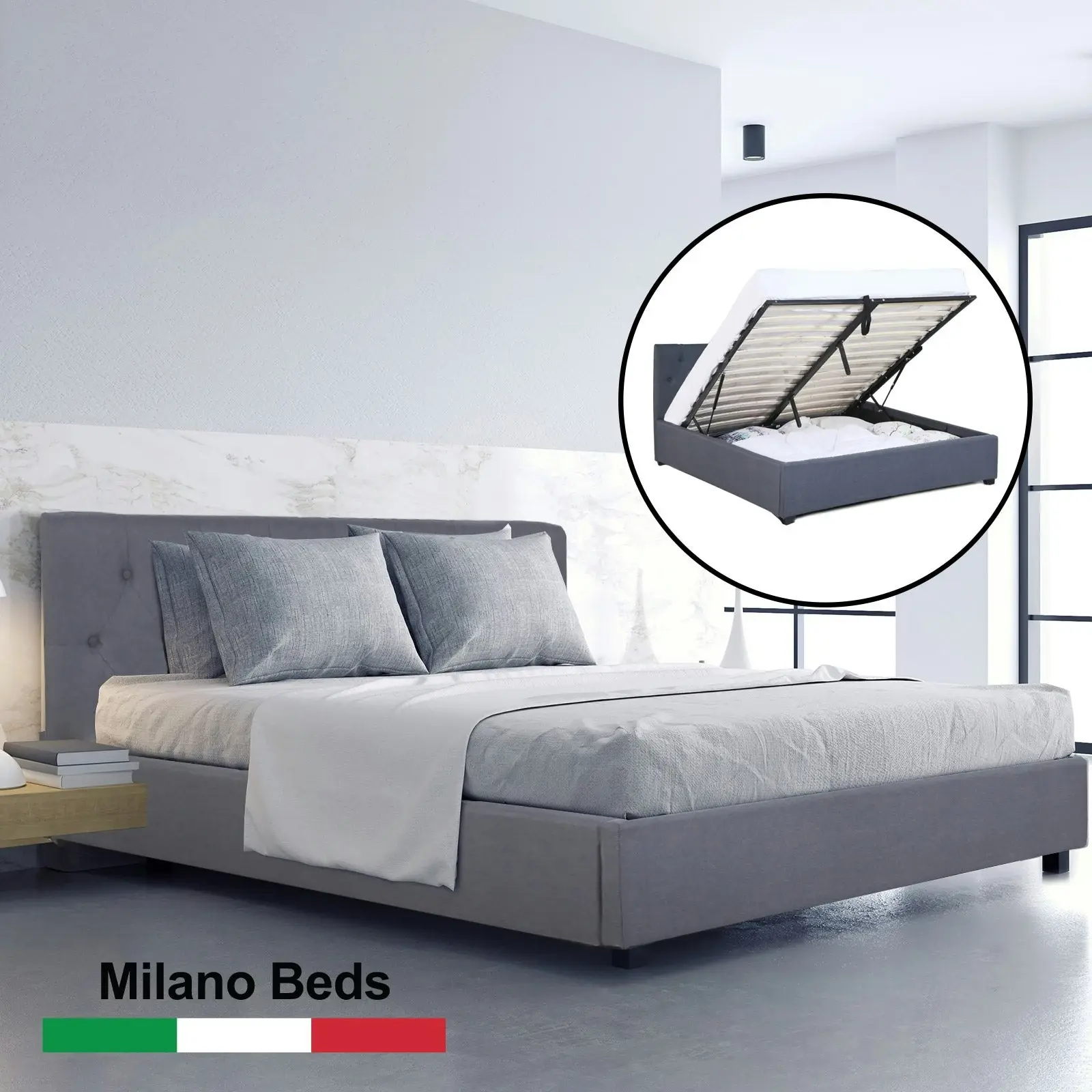 Milano Capri Luxury Gas Lift Bed Frame Base And Headboard With Storage All Sizes