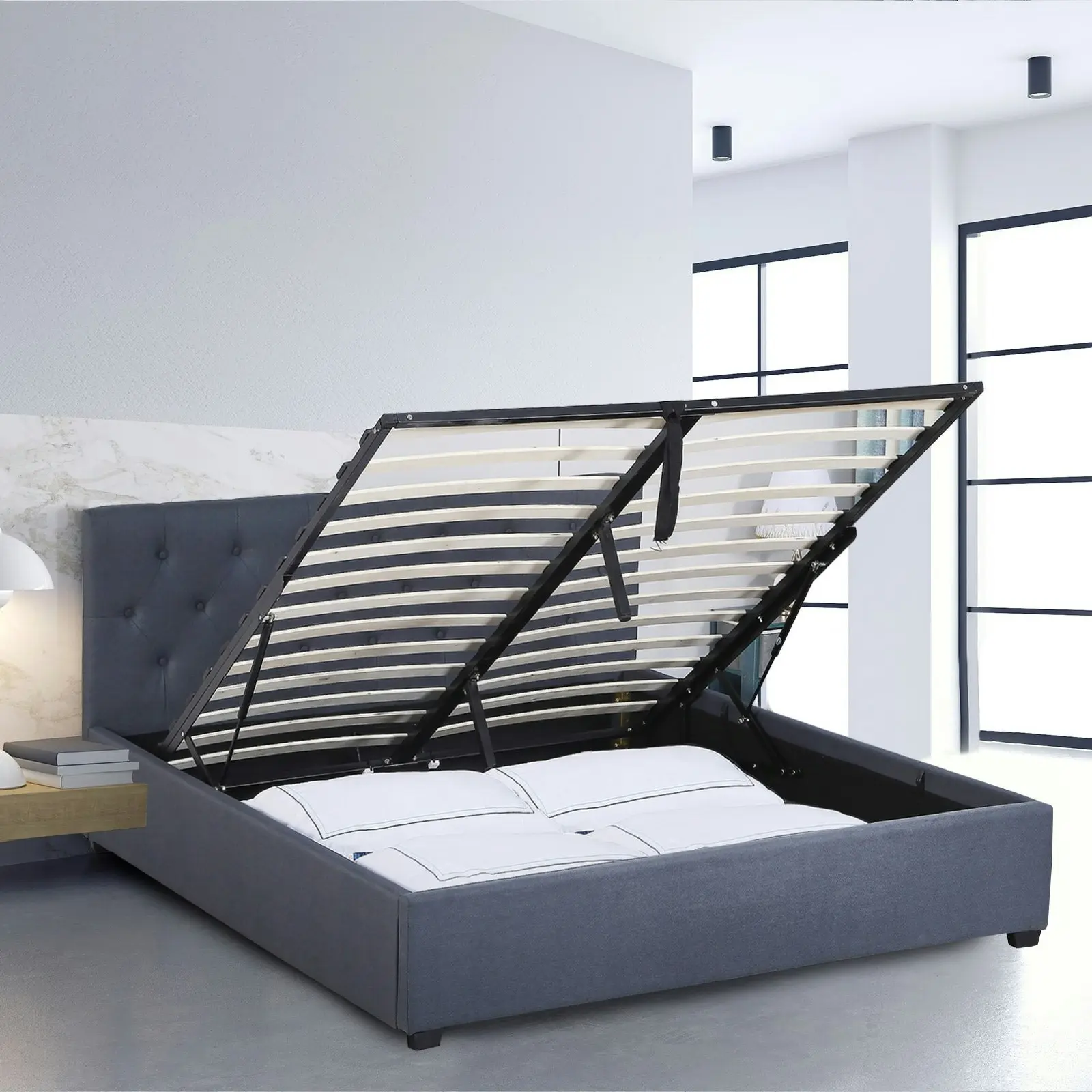 Milano Capri Luxury Gas Lift Bed Frame Base And Headboard With Storage All Sizes