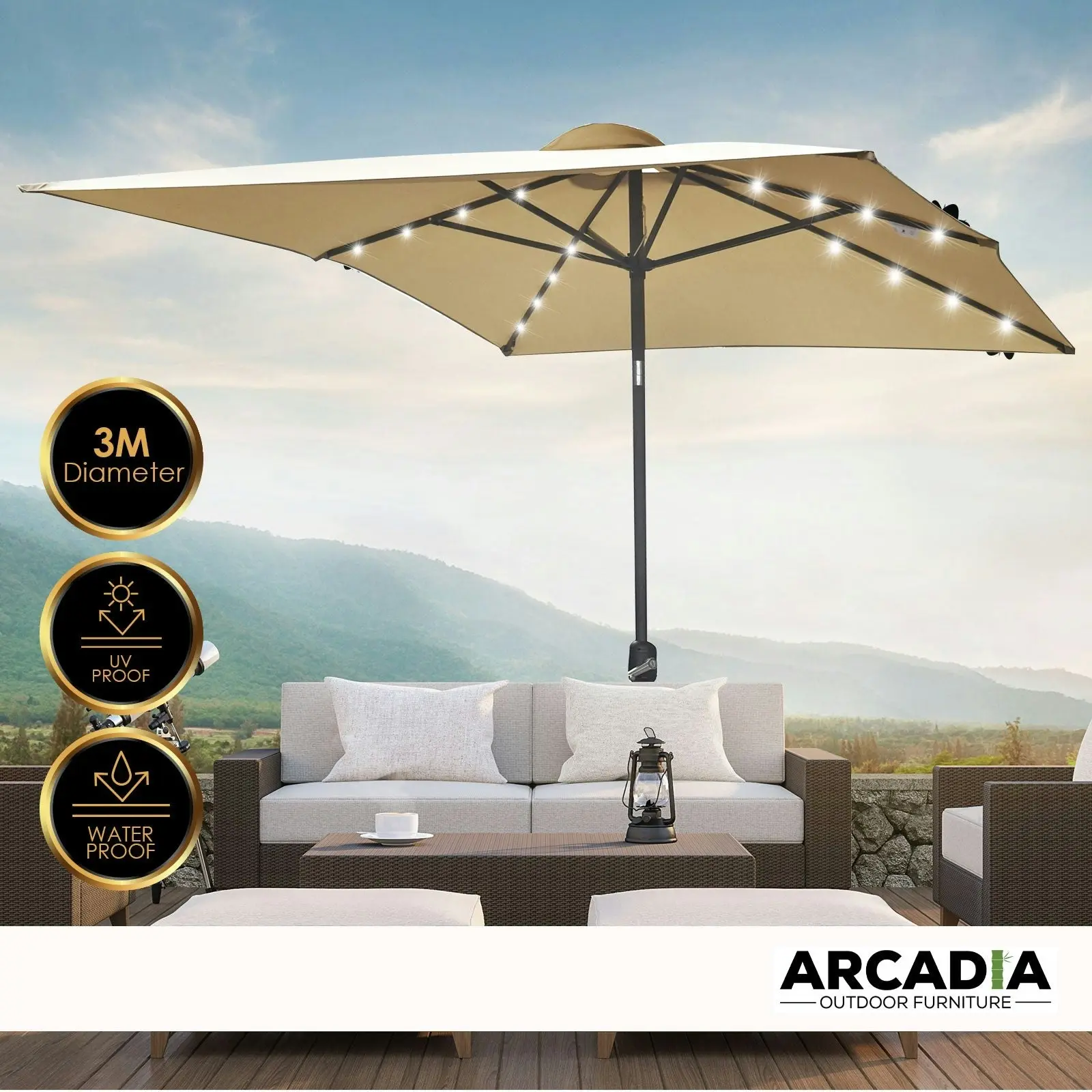 Arcadia Furniture Umbrella 3 Metre Umbrella with Solar LED Lights Garden Yard