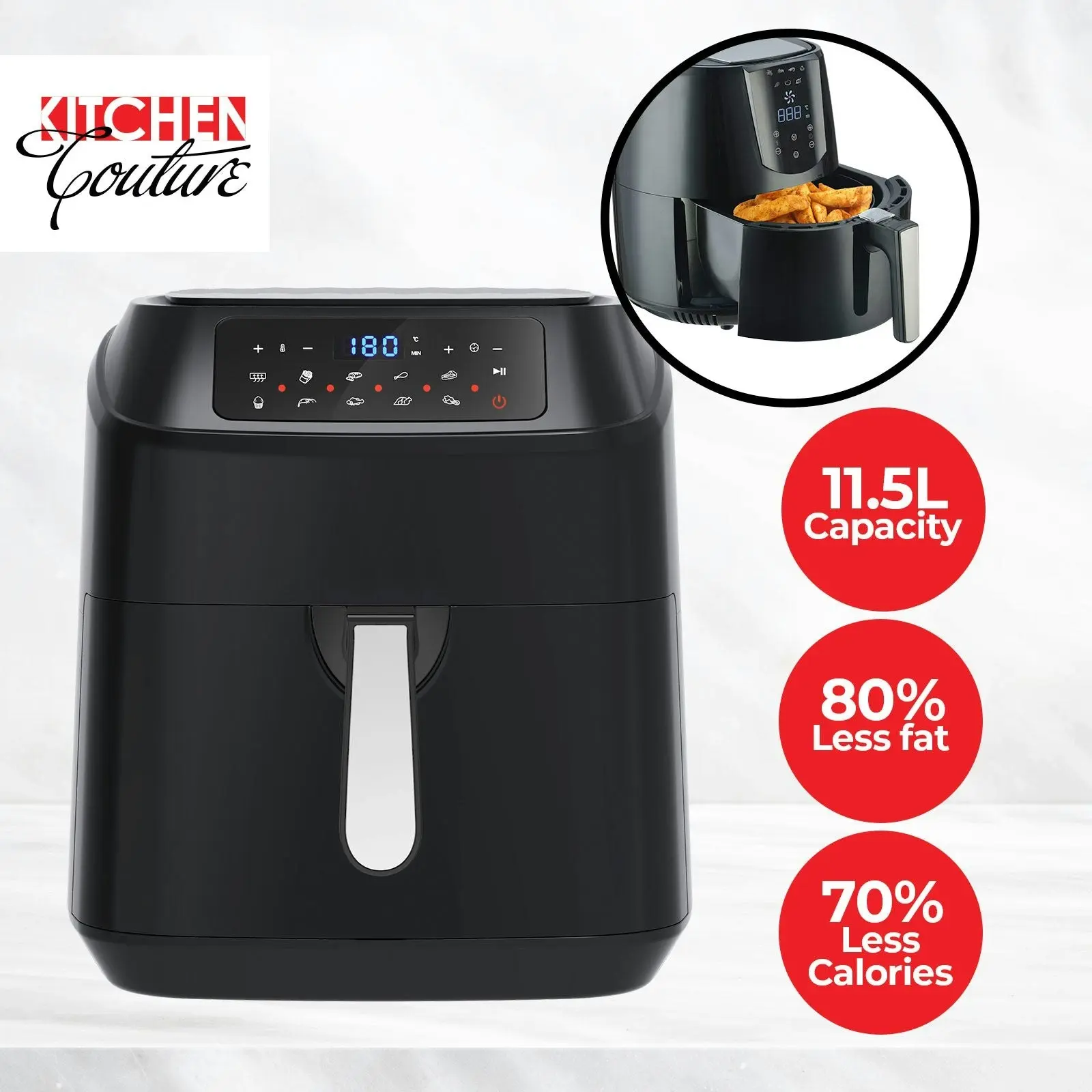 Kitchen Couture 11.5 Litre Air Fryer Multifunctional LCD Digital Display Black