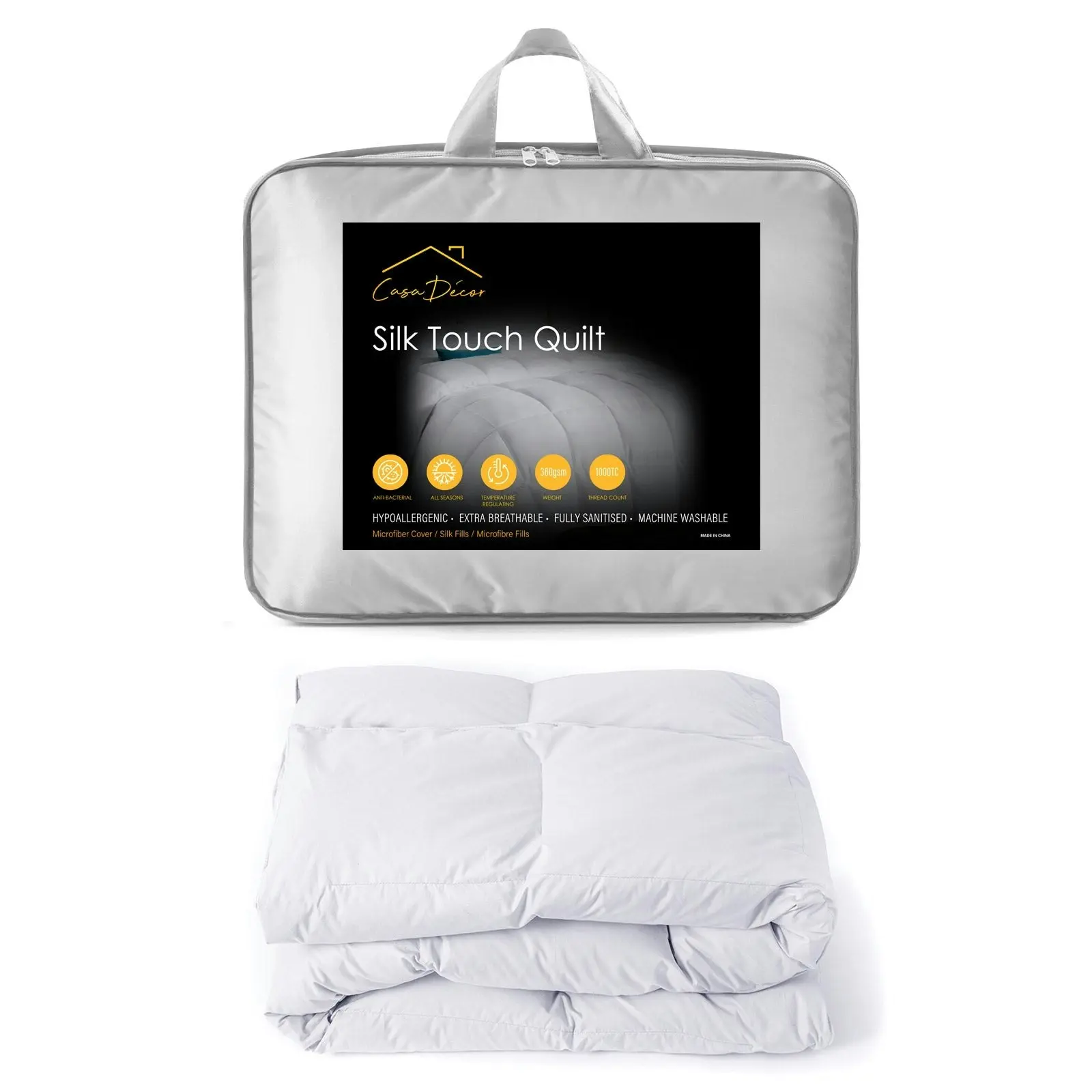 Silk Pillowcase Pack White And 360GSM Silk Touch Quilt Queen Bundle