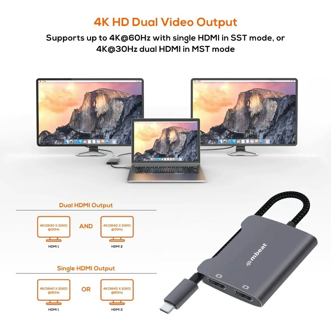 mBeat Tough Link Usb-c To Dual 4k Hdmi Adapter - Space Grey