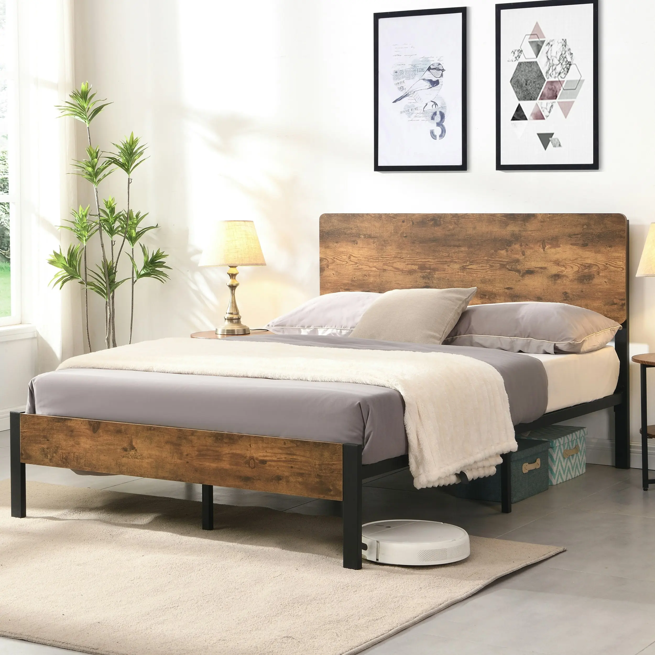 IHOMDEC Queen Size Heavy Duty Metal & Wood Bed Frame Base Mattress Platform BED02 Rustic Dark Brown