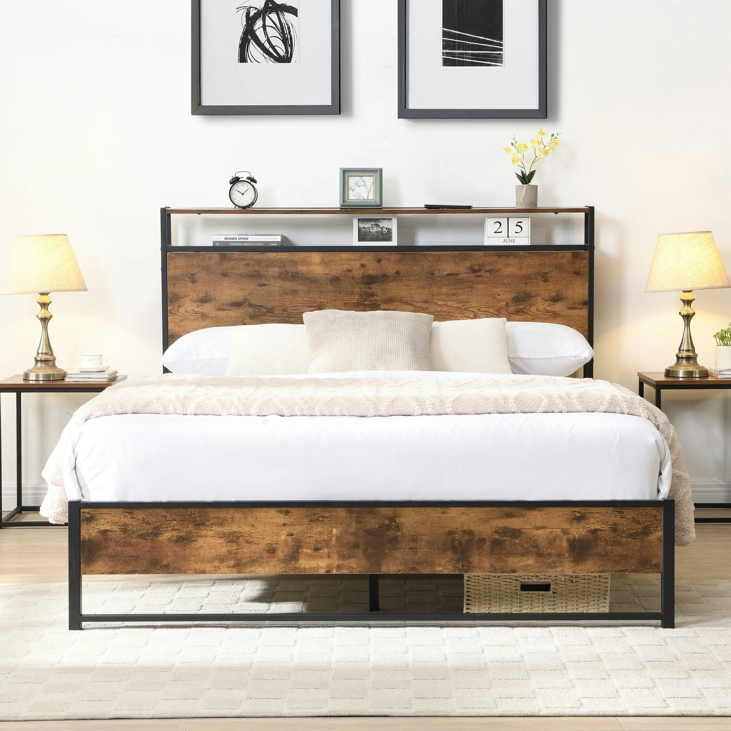 IHOMDEC Double size Heavy Duty Metal & Wood Bed Frame Base Mattress Platform BED01 Rustic Dark Brown