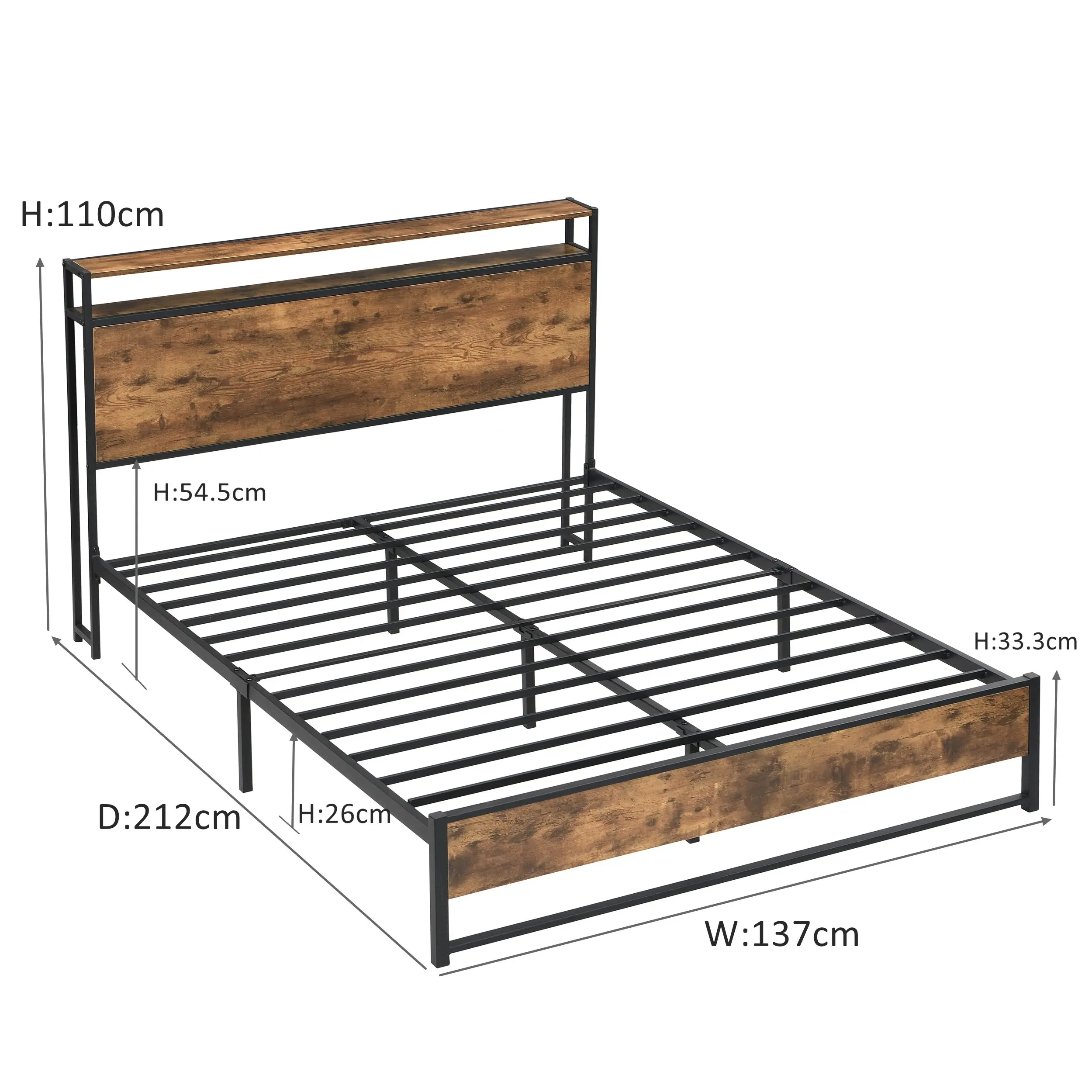 IHOMDEC Double size Heavy Duty Metal & Wood Bed Frame Base Mattress Platform BED01 Rustic Dark Brown