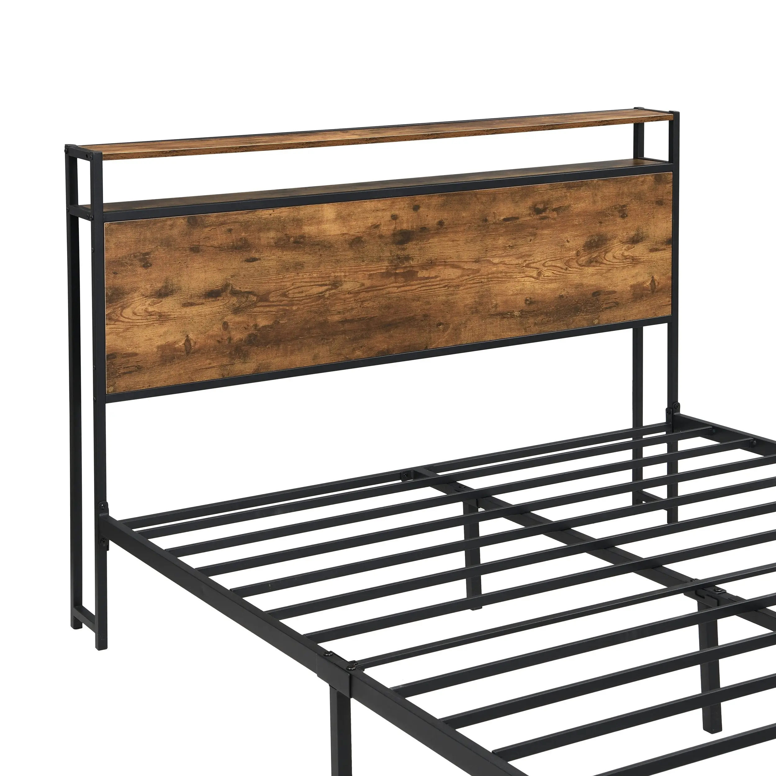 IHOMDEC Double size Heavy Duty Metal & Wood Bed Frame Base Mattress Platform BED01 Rustic Dark Brown