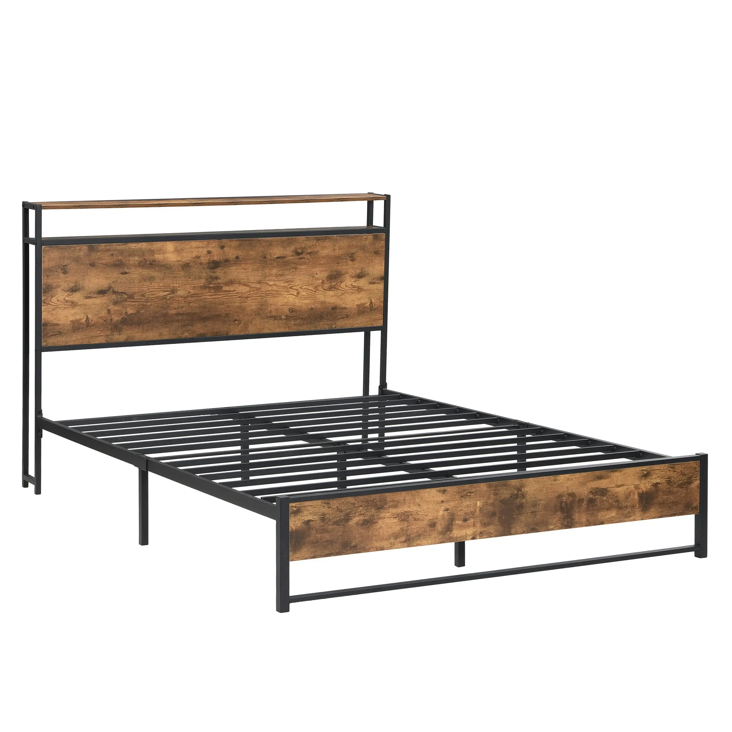 IHOMDEC Double size Heavy Duty Metal & Wood Bed Frame Base Mattress Platform BED01 Rustic Dark Brown