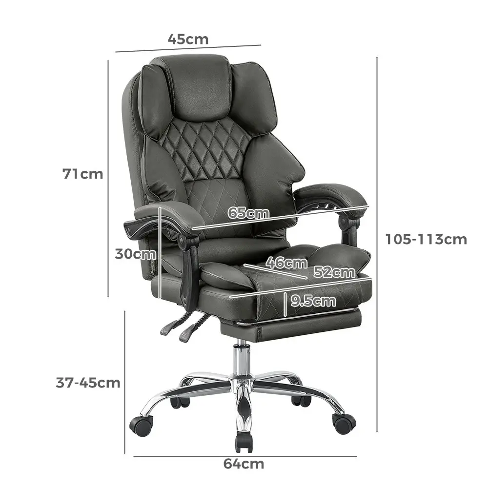 Furb Executive Office Chair PU Leather Thick Back Padded Support with Footrest Grey