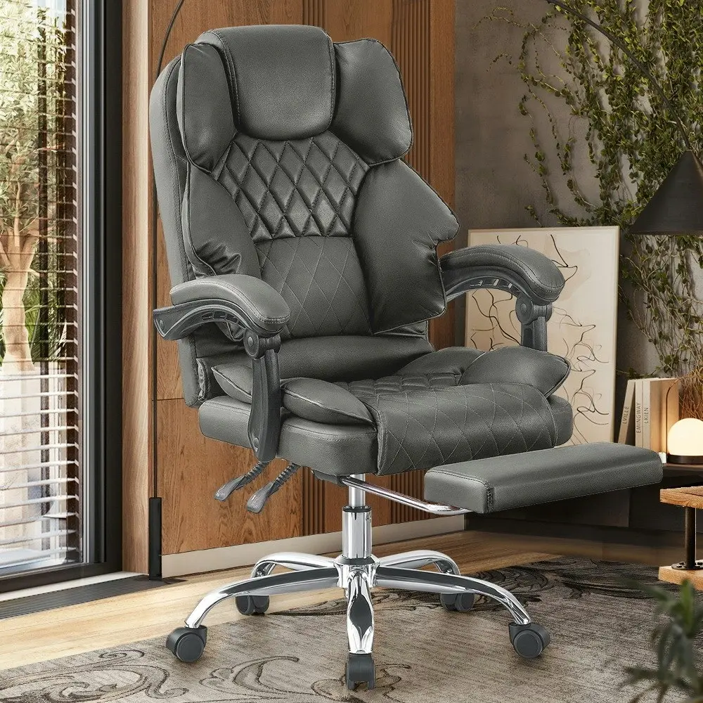 Furb Executive Office Chair PU Leather Thick Back Padded Support with Footrest Grey