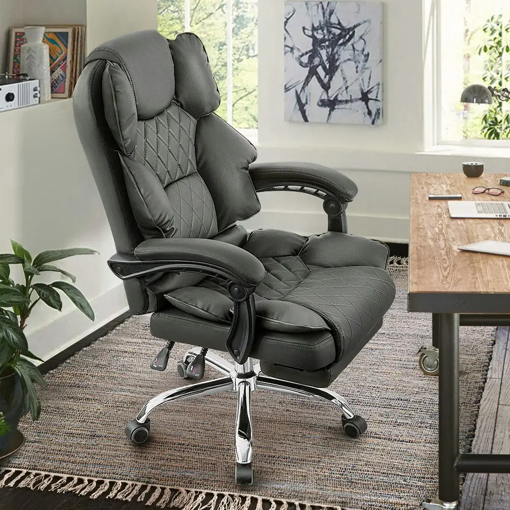 Furb Executive Office Chair PU Leather Thick Back Padded Support with Footrest Grey