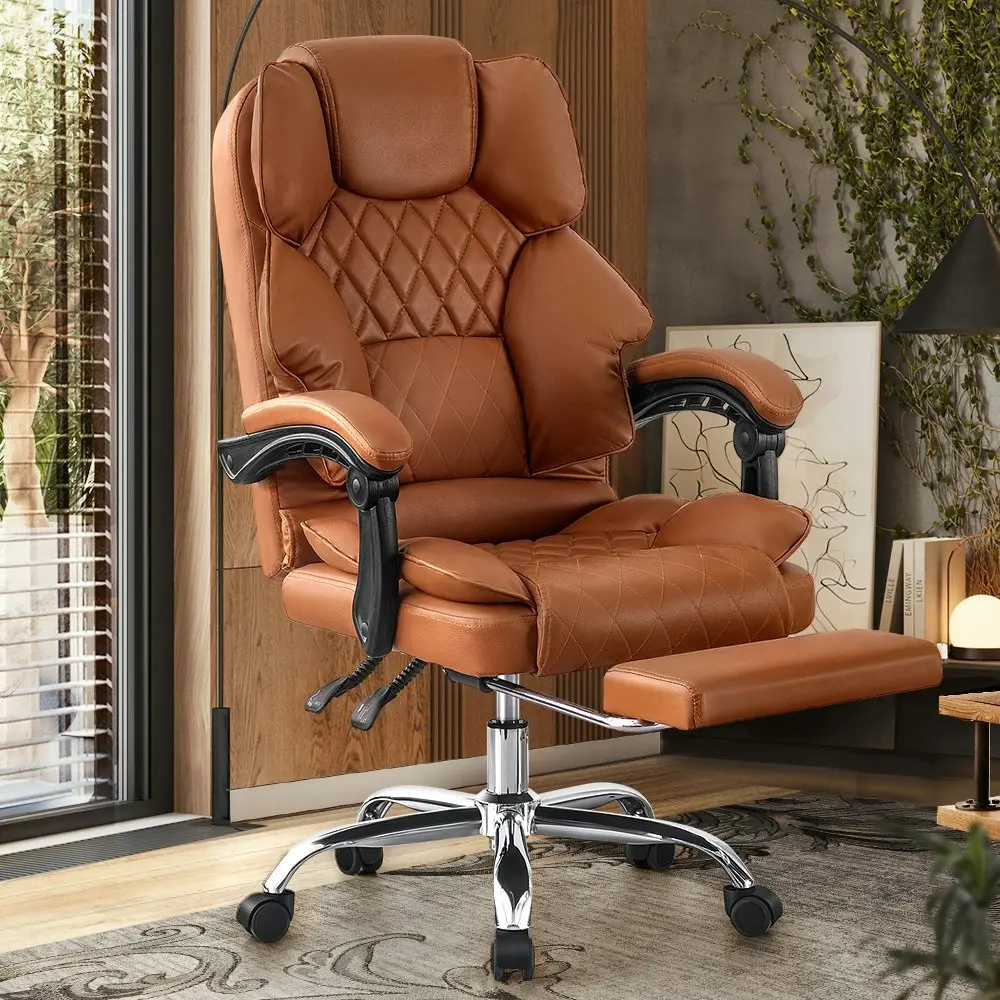 Furb Executive Office Chair PU Leather Thick Back Padded Support with Footrest Brown