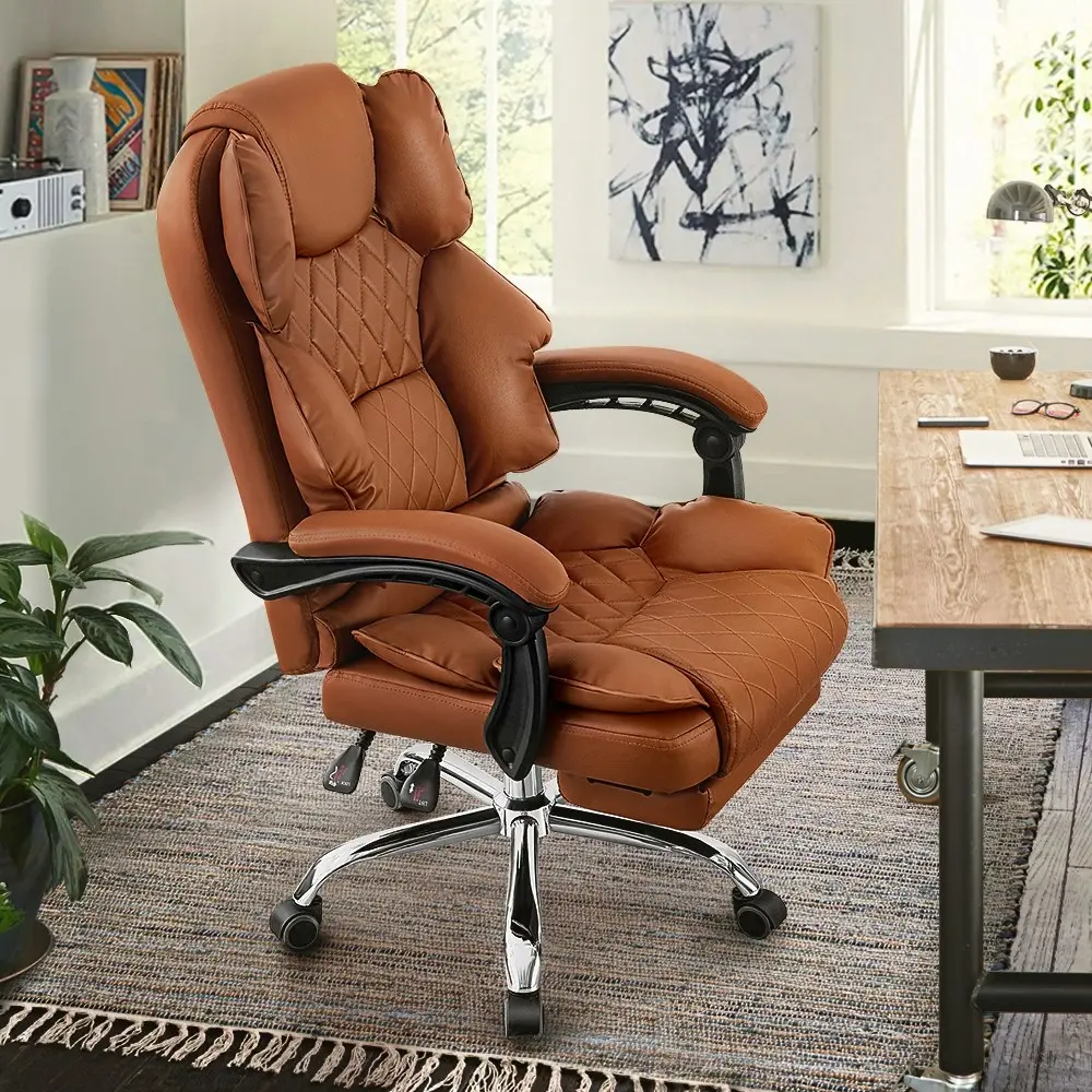 Furb Executive Office Chair PU Leather Thick Back Padded Support with Footrest Brown