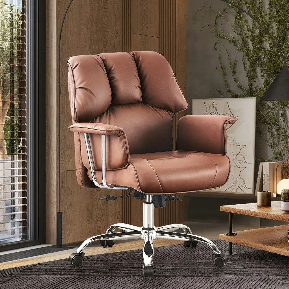 Furb Executive Office Chair PU Leather Mid-Back Thick Padded Back Support Brown