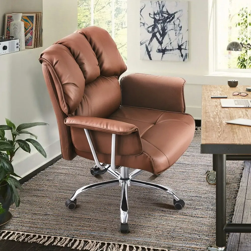 Furb Executive Office Chair PU Leather Mid-Back Thick Padded Back Support Brown