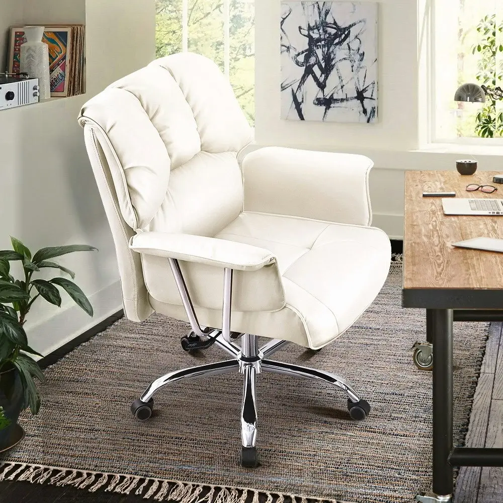 Furb Executive Office Chair PU Leather Mid-Back Thick Padded Back Support White