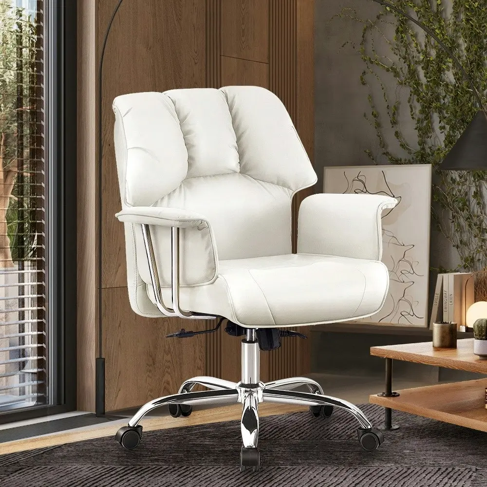 Furb Executive Office Chair PU Leather Mid-Back Thick Padded Back Support White