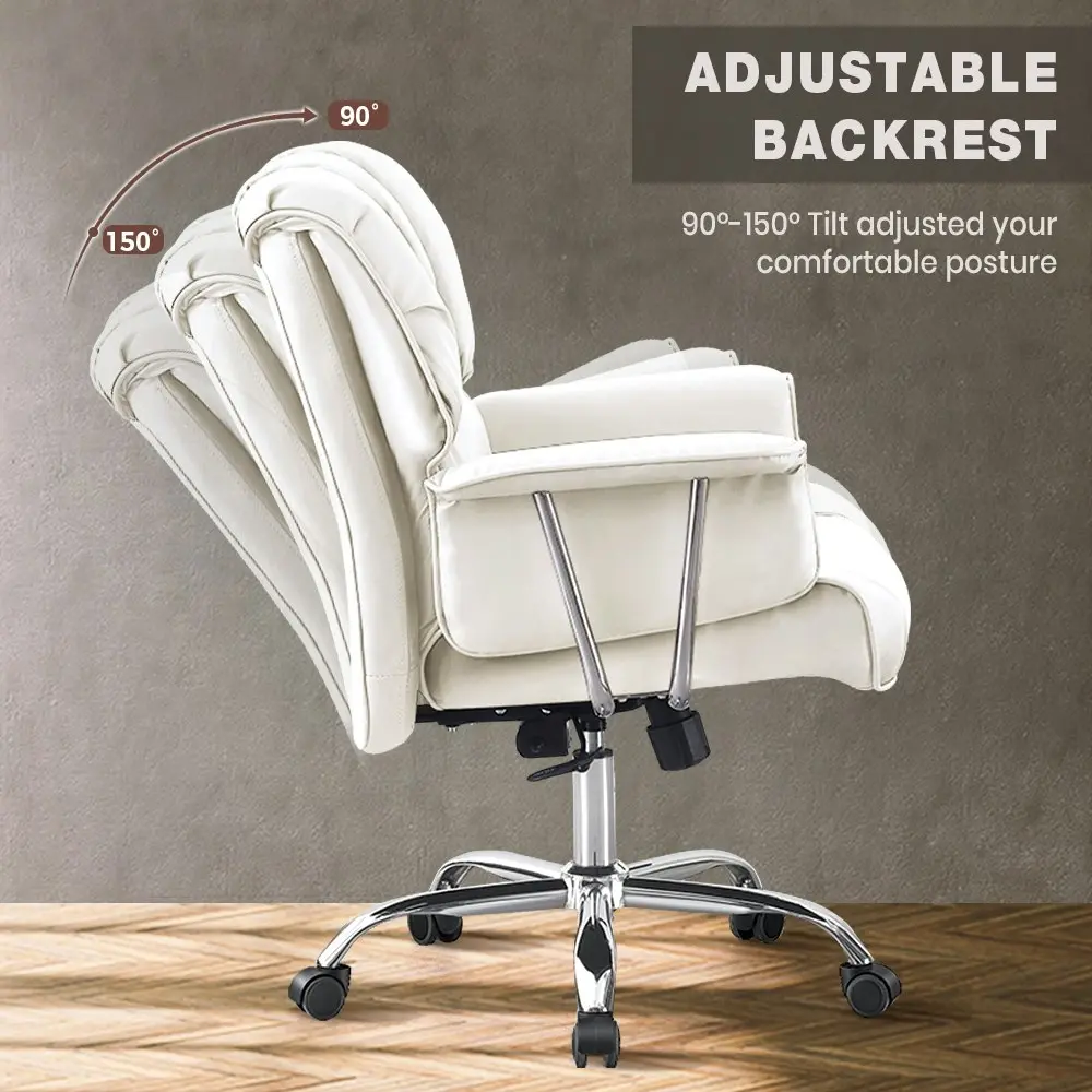 Furb Executive Office Chair PU Leather Mid-Back Thick Padded Back Support White