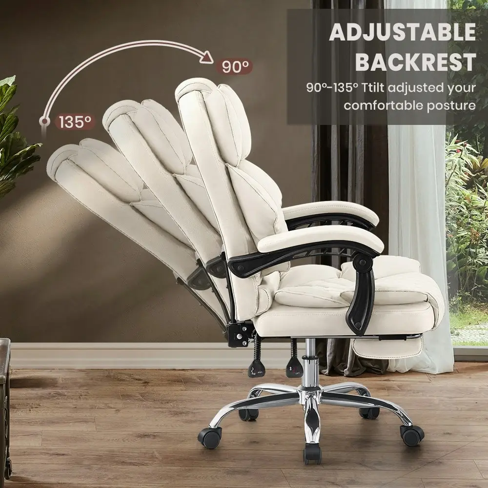 Furb Executive Office Chair PU Leather Thick Back Padded Support with Footrest White